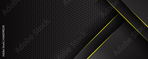 Futuristic perforated technology abstract background with yellow neon glowing lines. Vector banner design