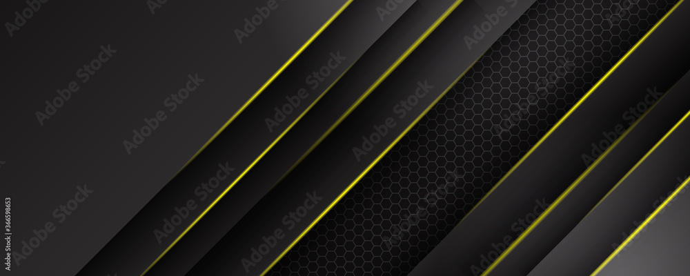 Black abstract tech geometric background a combination yellow metallic line shape and grunge metal texture composition