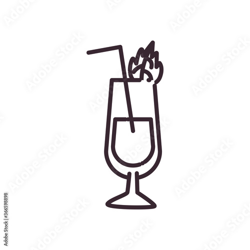 Cocktail glass with straw and leaf line style icon vector design