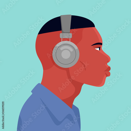 Portrait of a man wearing headphone. Avatar of a man hearing music. Avatar Minimalist. Flat Vector illustration