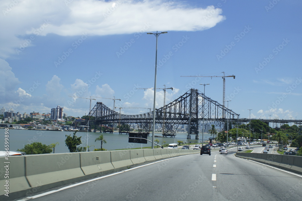 View inside the car of the renovation works of the Hercilio Luz bridge in Florianópolis, inaugurated in 1926.