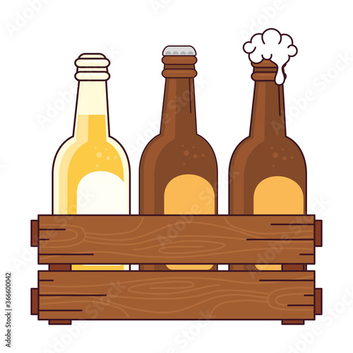 beers set in the wooden box, on white background