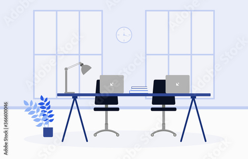 Workplaces where there are no people in the room during lunch break only office chairs office desk and laptop on the desk.