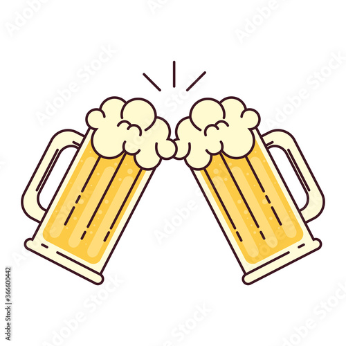 mugs of beer with froth, cheers, on white background