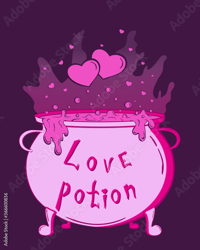 Magic cauldron with love potion and hearts. Cute pink halloween sticker for your design, banner, cover, poster. Hand drawn illustration in pink palette