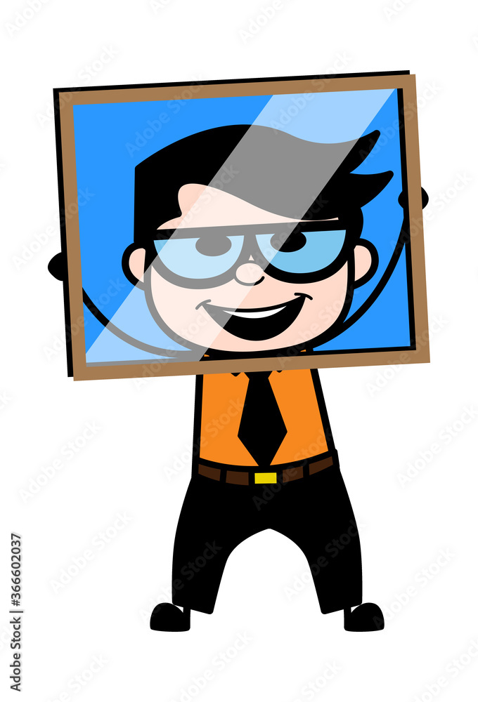 Cartoon Businessman looking from glass frame
