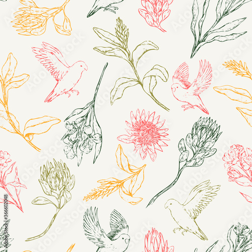 Hand drawn vector seamless pattern of parrots lovebirds and exotic flowers. Realistic birds and plant background. Vintage tropical colorful design for wallpaper, wrap, textile, postcard, print, fabric