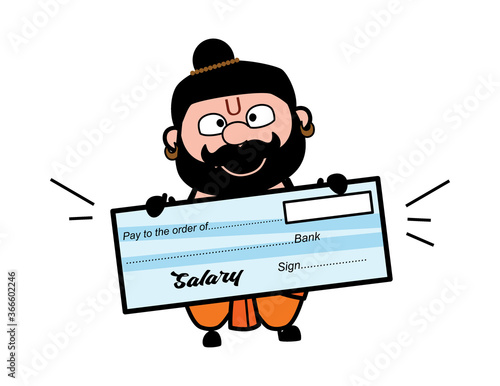 Cartoon Pandit holding paycheck