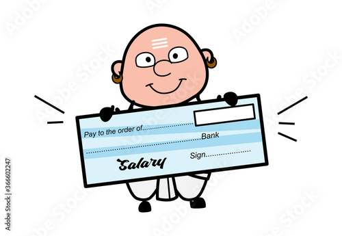 Cartoon South Indian Pandit holding paycheck