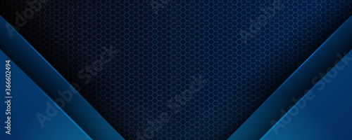 Trendy composition of blue technical shapes on black background. Dark metallic perforated texture design. Technology illustration. Vector header banner