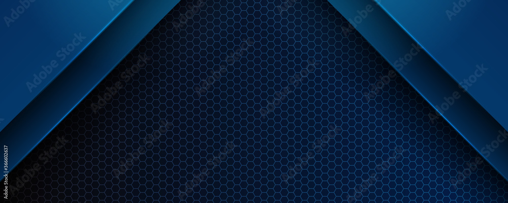 Trendy composition of blue technical shapes on black background. Dark metallic perforated texture design. Technology illustration. Vector header banner - obrazy, fototapety, plakaty 