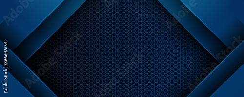 Trendy composition of blue technical shapes on black background. Dark metallic perforated texture design. Technology illustration. Vector header banner
