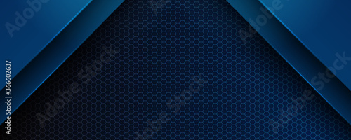 Trendy composition of blue technical shapes on black background. Dark metallic perforated texture design. Technology illustration. Vector header banner
