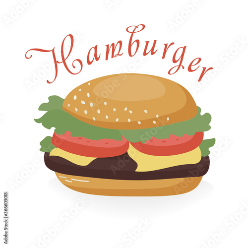 Street food. Hamburger with beef cutlet  slices of cheese  salad and tomatoes. illustration for menu and packaging design