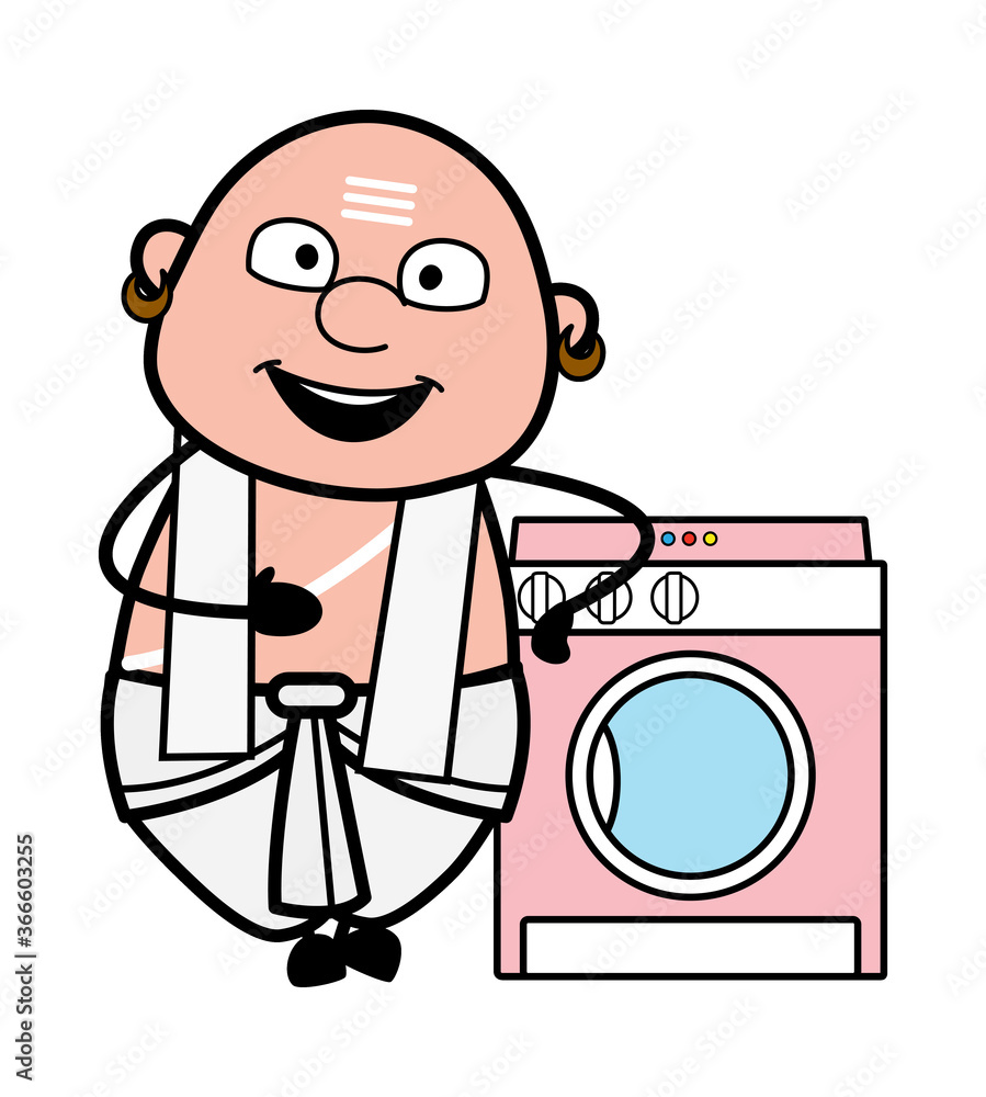 Cartoon South Indian Pandit standing with washing machine Cartoon South Indian Pandit standing with washing machine