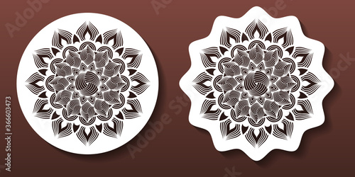 Laser cut mandala coasters or wall art panels. Cnc cutting templates, fretwork, diy craft. Decorative elements with abstract geometric pattern. Vector illustration