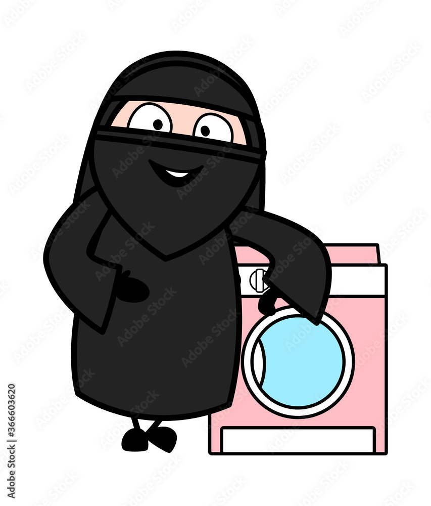 Cartoon Muslim Woman standing with washing machine