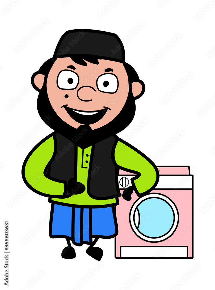 Cartoon Muslim Man standing with washing machine