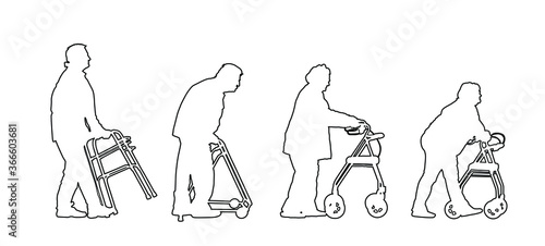 Old disabled people using strolls walker vector line silhouette. Mature invalid lady. Senior woman in nursing home. Old injured man active life with medical support. Help assist tool health care.
