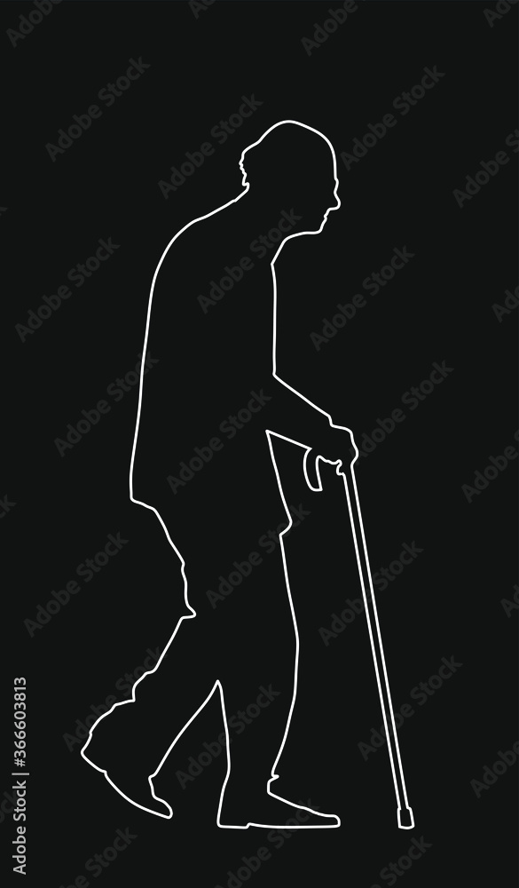 Old man person with walking stick silhouette. Happy elderly senior walking, vector isolated on black. Mature person in active life. Grandfather line contour outdoor in park. Health care in nursing ho Old man person with walking stick silhouette. Happy elderly senior walking, vector isolated on black. Mature person in active life. Grandfather line contour outdoor in park. Health care in nursing ho