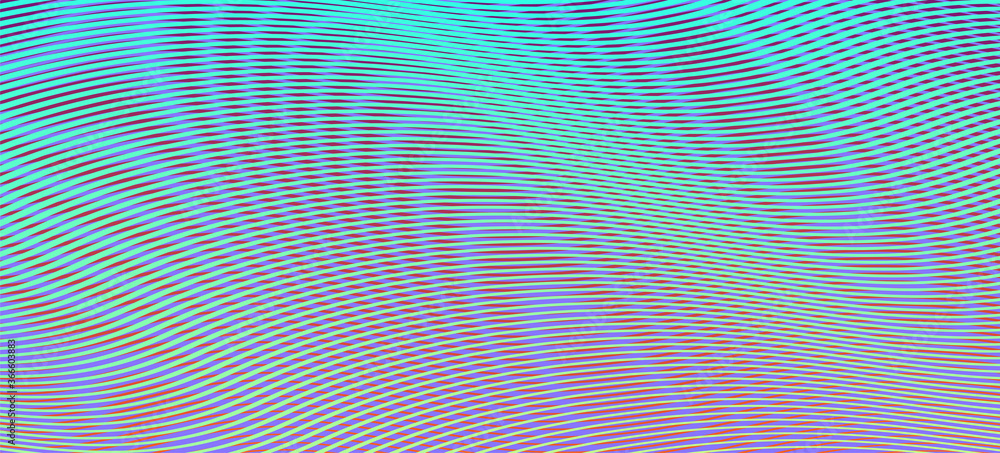 Horizontal abstract rainbow colored texture with soft blending and gradient of lines and striped rounded shapes. Line art. Holographic and moire effect of optical illusion for vector background saver. - obrazy, fototapety, plakaty 