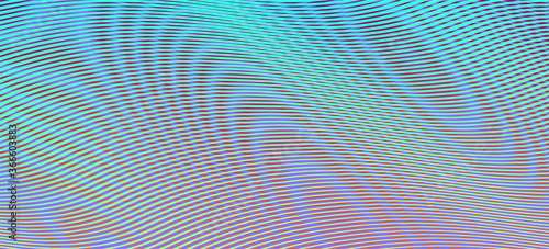 Horizontal abstract rainbow colored texture with soft blending and gradient of lines and striped rounded shapes. Line art. Holographic and moire effect of optical illusion for vector background saver.