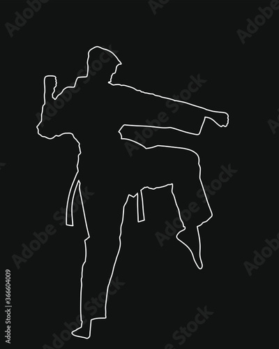 Karate man fighter in kimono vector line contour silhouette. Japan traditional martial art. Boy self defense presentation. Protect yourself against aggressor. Sport discipline