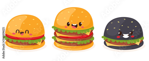 Burger Set, Classic, Hamburger, Black Hamburger and XXXL Layered Burger. Vector illustration in flat cartoon style.