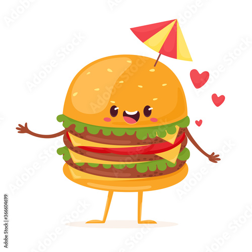 Cheerful multilayer XXXL burger with umbrella. Vector illustration in flat cartoon style.