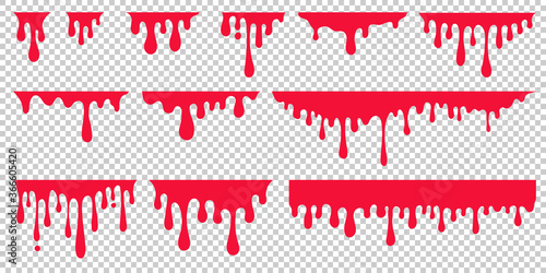 Red dripping paint, looking like drip of blood or ketchup. Set of abstract liquid stain elements for halloween decoration. Flat vector illustration of splash ink flows