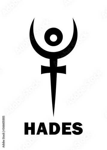 Astrology Alphabet: PLUTO (Hades), dwarf planet / planetoid. Astrological character, mystic hieroglyphic sign, modern modified symbol (meaning cap of invisibility and bident, or the staff of Hades). photo