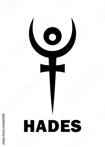 Astrology Alphabet: PLUTO (Hades), dwarf planet / planetoid. Astrological character, mystic hieroglyphic sign, modern modified symbol (meaning cap of invisibility and bident, or the staff of Hades).
