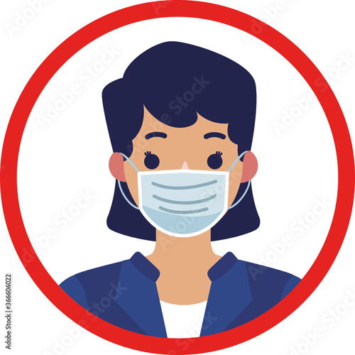 affiche d'une femme portant un masque dans un rond rouge sur un fond blanc