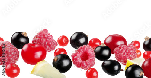 raspberries black currants  cherries isolated on white background