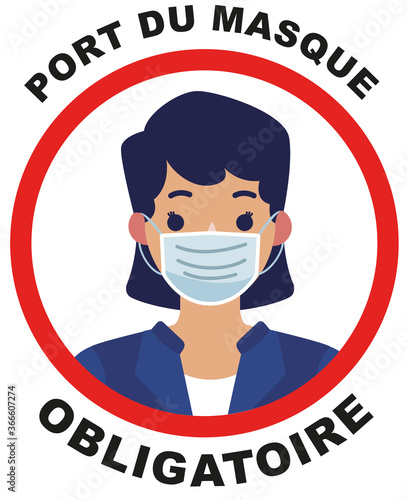 affiche pour le port du masque obligatoire en noir avec une femme portant un masque dans un rond rouge sur un fond blanc