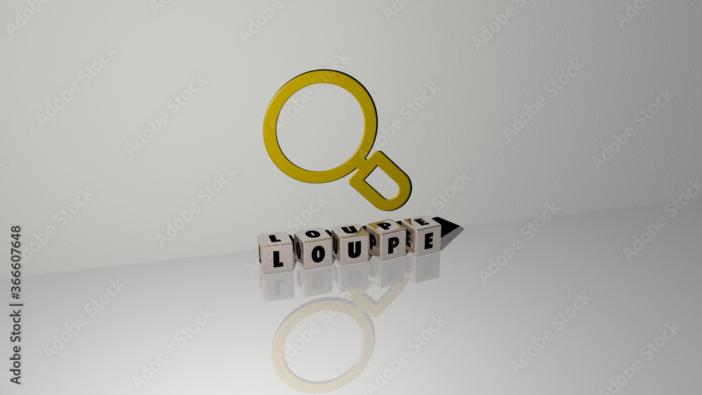 3D graphical image of LOUPE vertically along with text built by metallic cubic letters from the top perspective, excellent for the concept presentation and slideshows. illustration and glass 3D graphical image of LOUPE vertically along with text built by metallic cubic letters from the top perspective, excellent for the concept presentation and slideshows. illustration and glass
