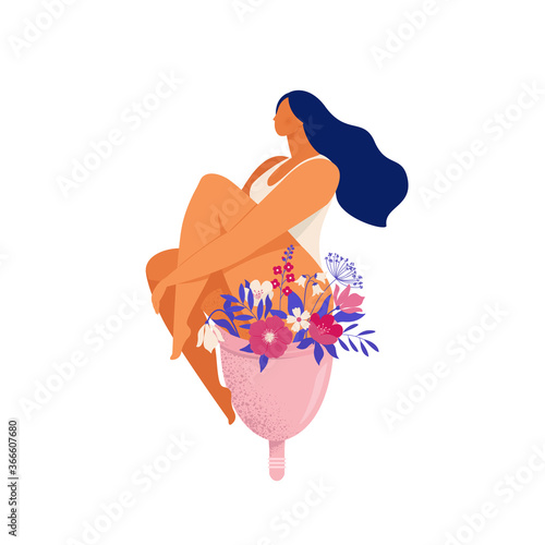 Woman sitting on a huge menstrual cup with flowers and leaves. Eco protection for woman in critical days. Vector illustration on white background.