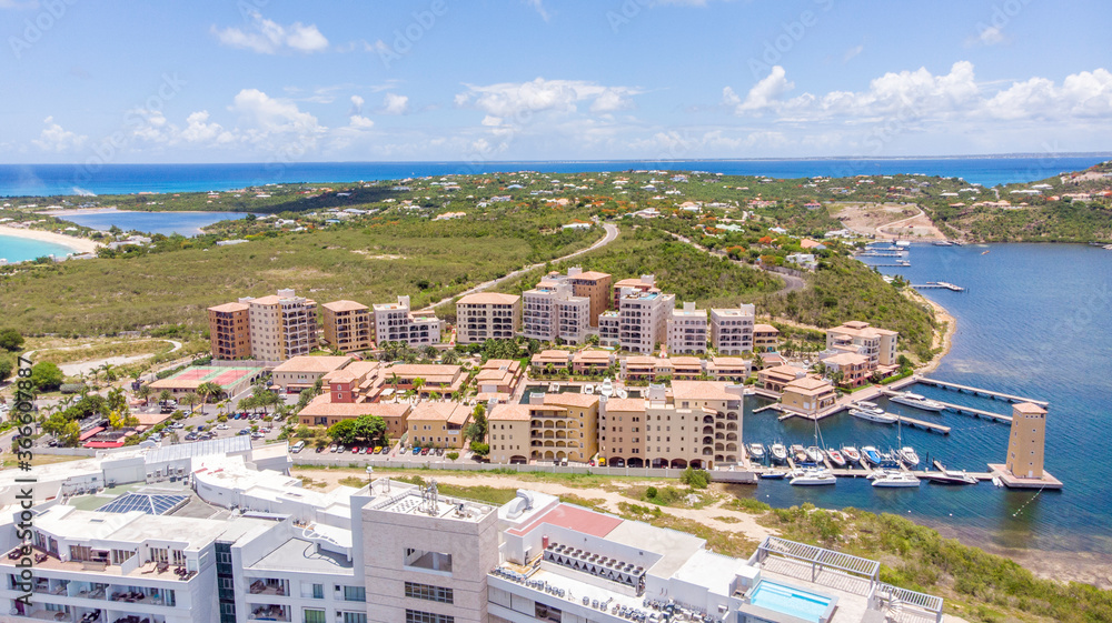 Obraz premium Aerial view of Porto Cupecoy/Lowlands in the Caribbean island of St.Maarten