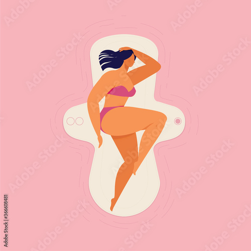 Woman sleeping on a large pad. Vector illustration on pink background.