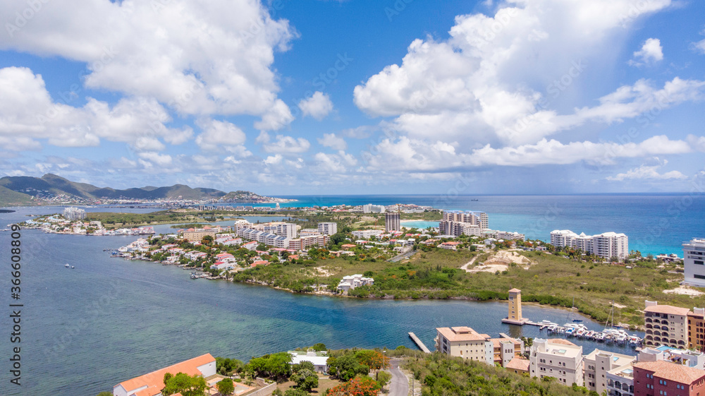 Aerial view of Maho and Simpson bay in the Caribbean island of St.Maarten
