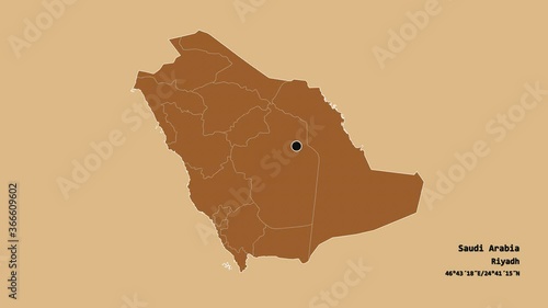 Al Madinah, region of Saudi Arabia, with its capital, localized, outlined and zoomed with informative overlays on a solid patterned map in the Stereographic projection. Animation 3D photo