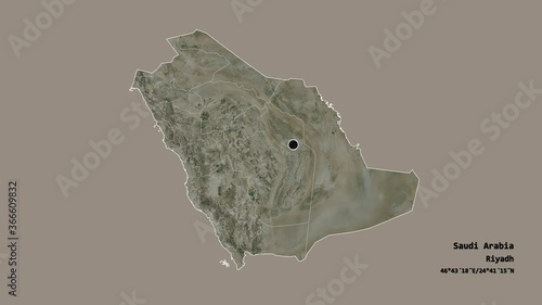 Al Madinah, region of Saudi Arabia, with its capital, localized, outlined and zoomed with informative overlays on a satellite map in the Stereographic projection. Animation 3D photo