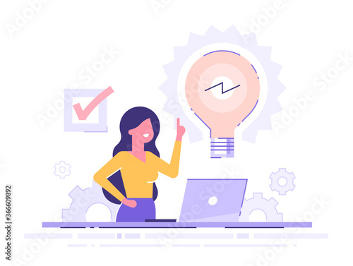 Cute businesswoman working on her laptop holding up his index finger and creating a new idea.  Shiny light bulb. Business idea concept. Modern vector illustration.