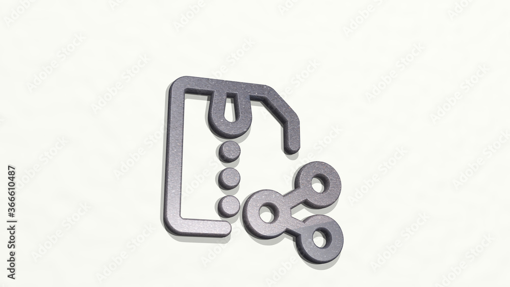 zip file share from a perspective on the wall. A thick sculpture made of metallic materials of 3D rendering. illustration and background