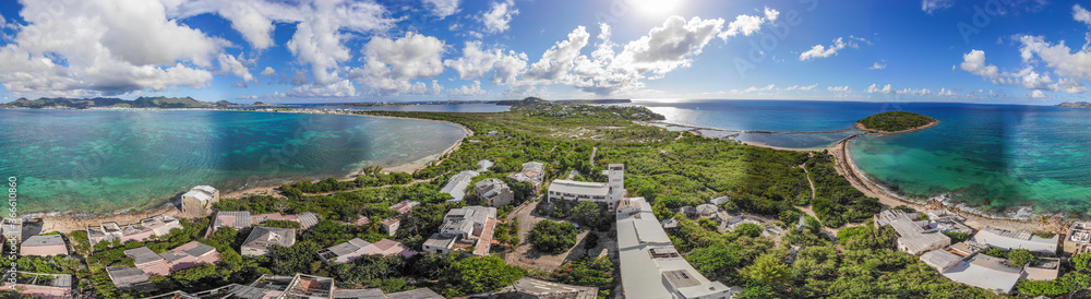 Panoramic view of the Caribbean island of french St.martin. Belle creole abandon buildings. Panoramic view of the Caribbean island of french St.martin. Belle creole abandon buildings.