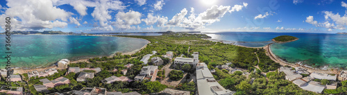 Panoramic view of the Caribbean island of french St.martin. Belle creole abandon buildings. 