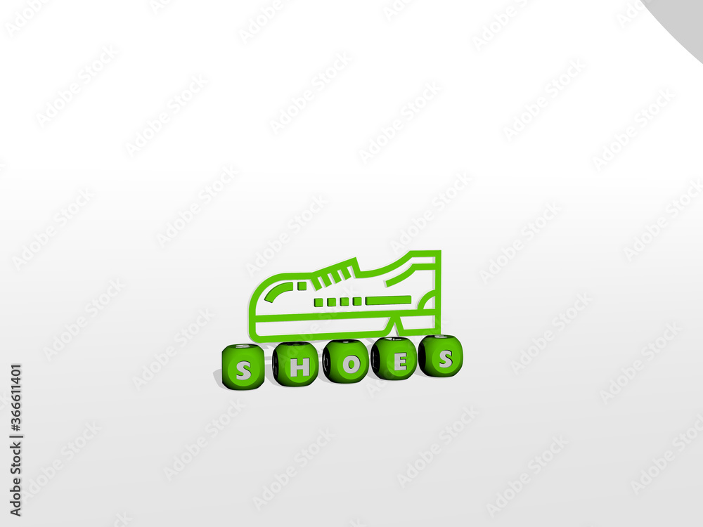 3D representation of SHOES with icon on the wall and text arranged by metallic cubic letters on a mirror floor for concept meaning and slideshow presentation. background and illustration 3D representation of SHOES with icon on the wall and text arranged by metallic cubic letters on a mirror floor for concept meaning and slideshow presentation. background and illustration
