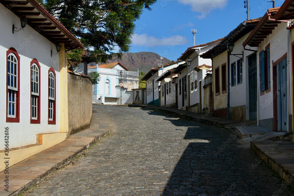 Colonial style houses in an old street in the historic city of Ouro Preto, Minas Gerais state, Brazil