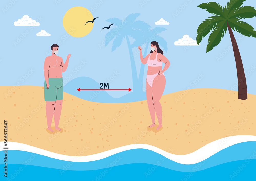 social distancing on the beach, couple wearing medical mask in the beach, new normal summer beach concept after coronavirus or covid 19
