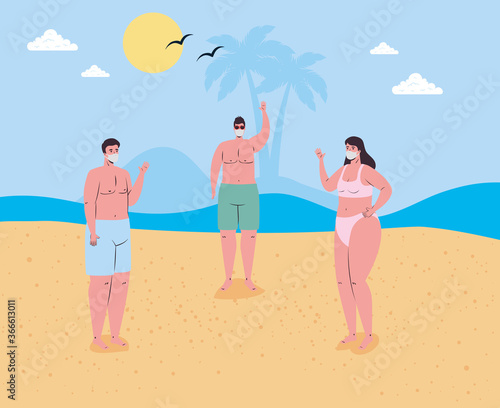 social distancing on the beach, people wearing medical mask keep distance in the beach, new normal summer beach concept after coronavirus or covid 19